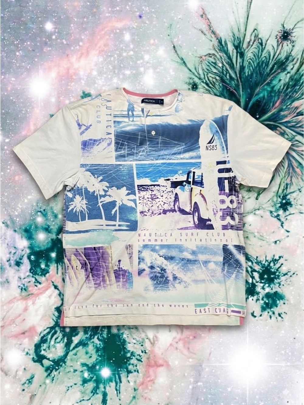 Nautica Surf Club Mens M All Over Print Graphic Polo Custom Neck